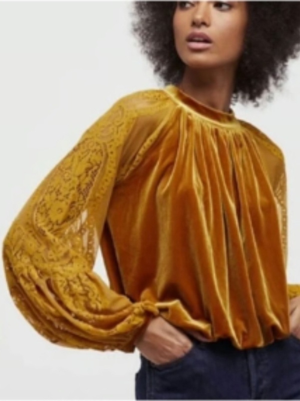 Free People Dream Team Top Gold-Mustard Velvet Blouse Balloon Sleeve Women XS